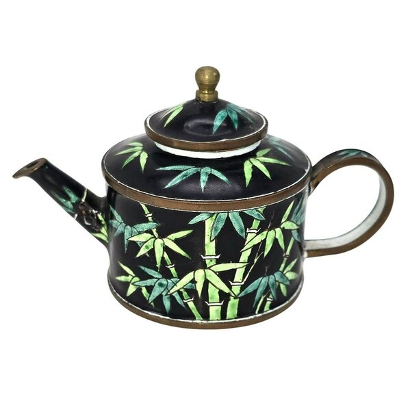 Chinese Enamel Bamboo Teapot With Lid Vintage Black and Green JE119 - Picture 1 of 7